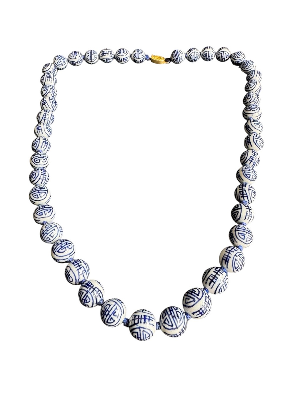 Vintage Chinese Shou Bead Necklace Blue White Porcelain Beaded Longevity 24"